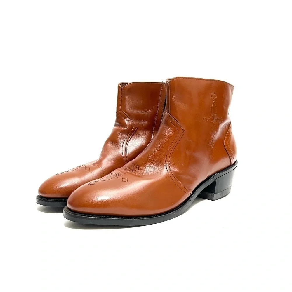 Vintage 1970s men’s brown vegan leather steel toe western style safety boots